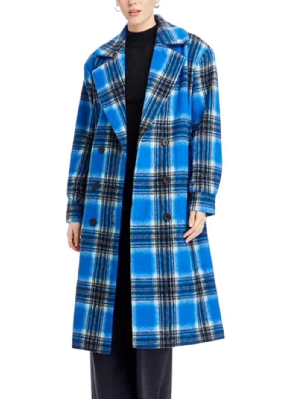 Aqua Blue Plaid Double-Breasted Trench Coat